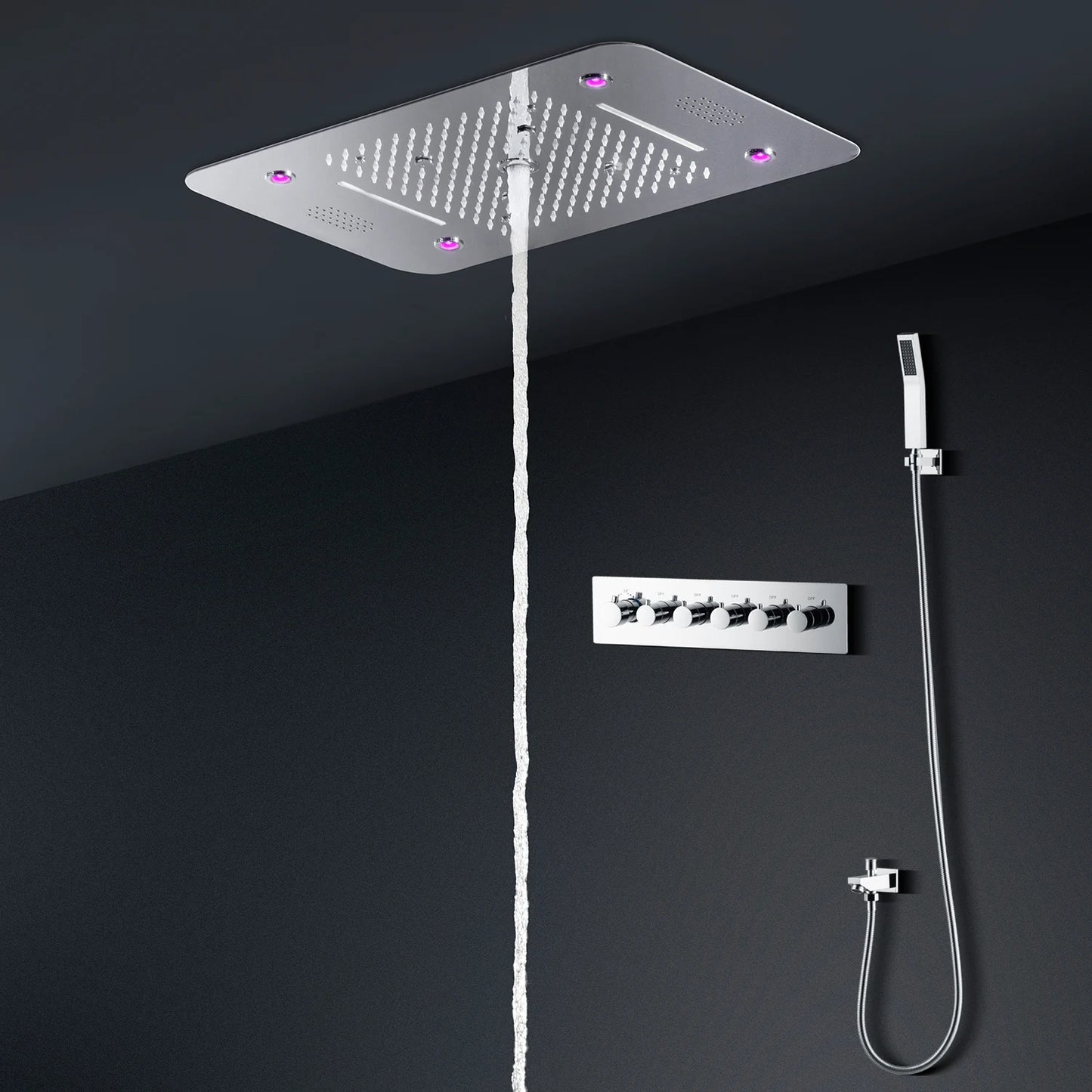 Luxury 580*380mm Ceiling Rain Waterfall Mist Led Shower Set 5 Function Thermostatic Music Shower Mixer