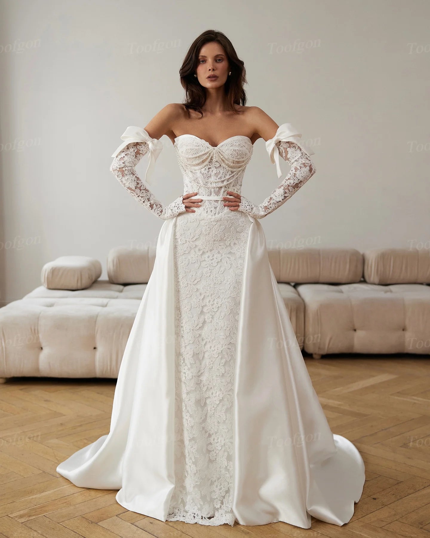 Toofgon Mermaid Satin Lace Customized Wedding Dresses Long Sleeves Corset Back Women Formal Bridal Gowns 2025 Formal Party Dress