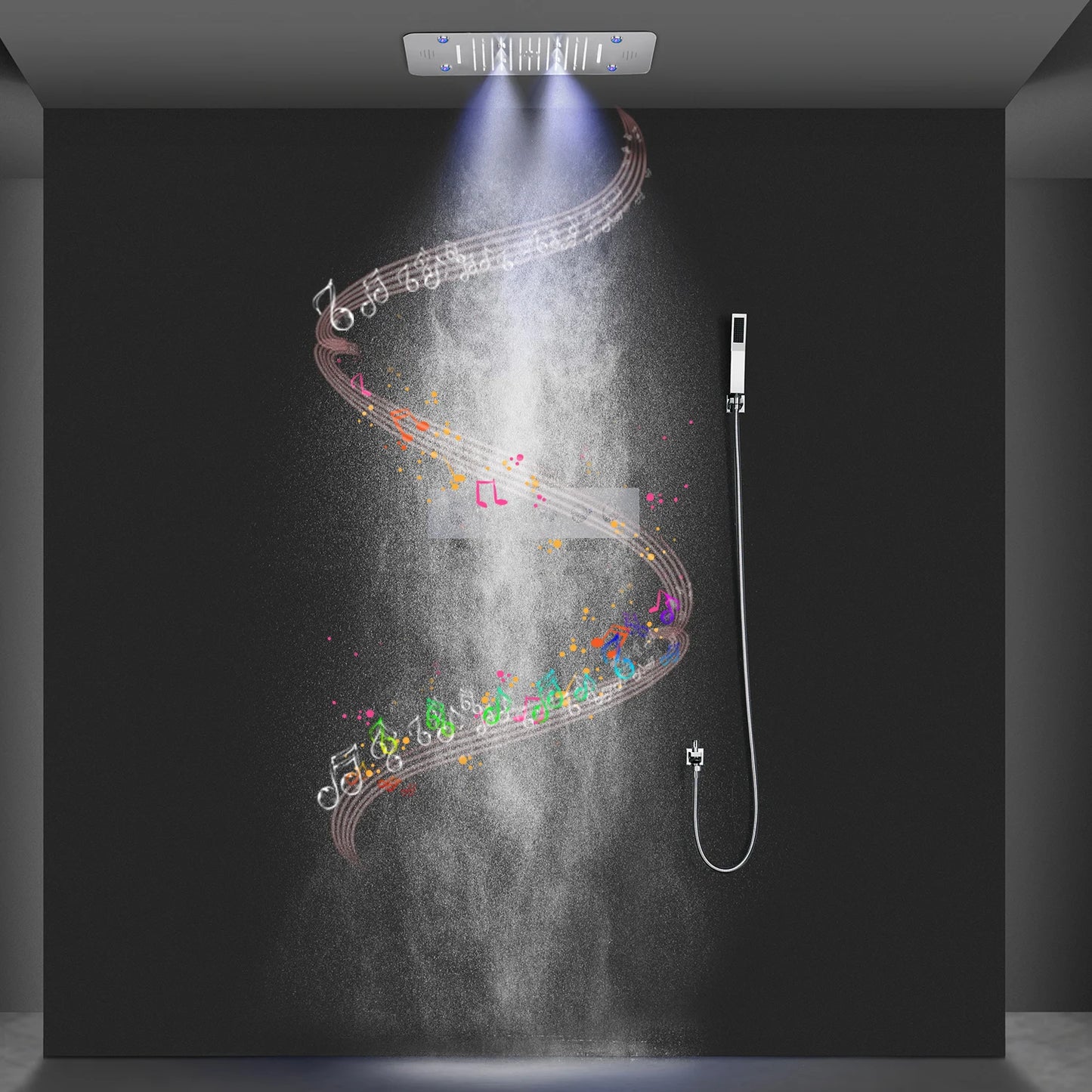 Luxury 580*380mm Ceiling Rain Waterfall Mist Led Shower Set 5 Function Thermostatic Music Shower Mixer