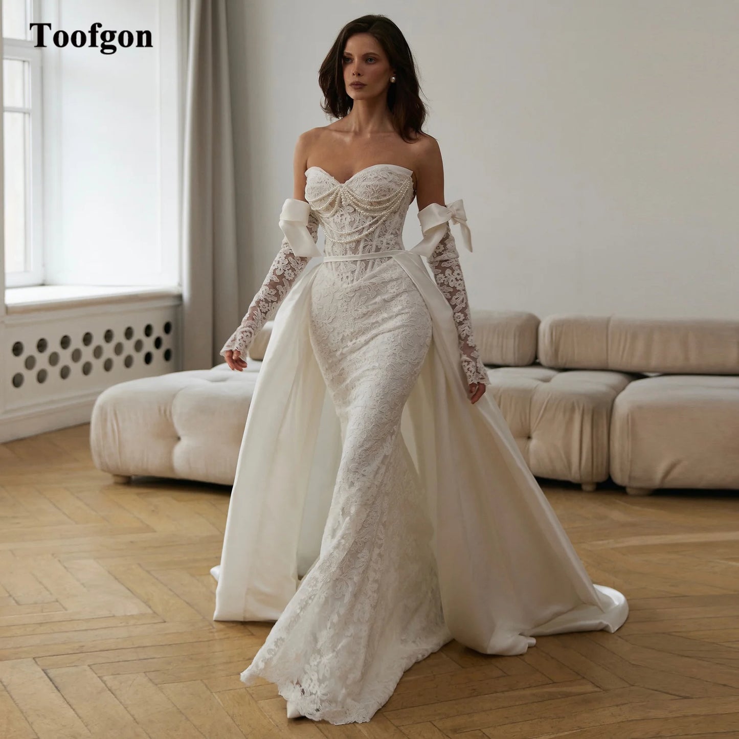 Toofgon Mermaid Satin Lace Customized Wedding Dresses Long Sleeves Corset Back Women Formal Bridal Gowns 2025 Formal Party Dress