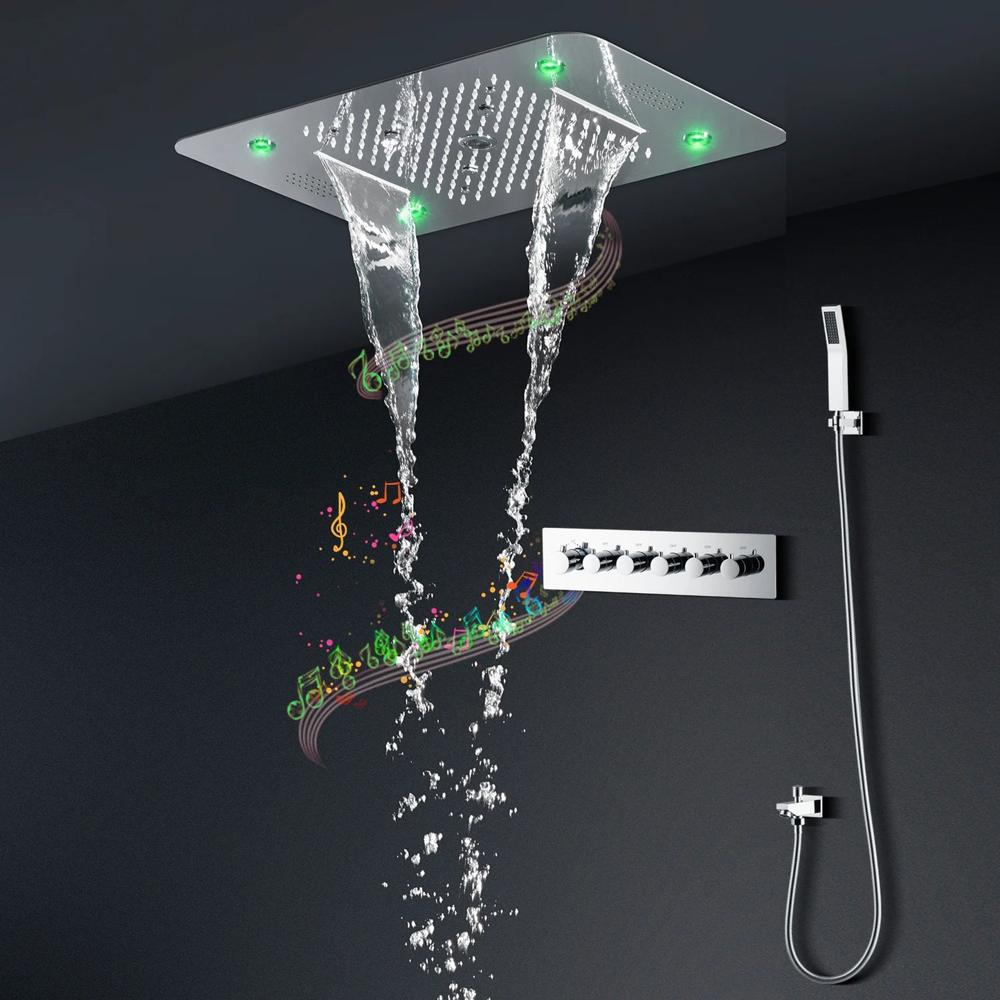 Luxury 580*380mm Ceiling Rain Waterfall Mist Led Shower Set 5 Function Thermostatic Music Shower Mixer