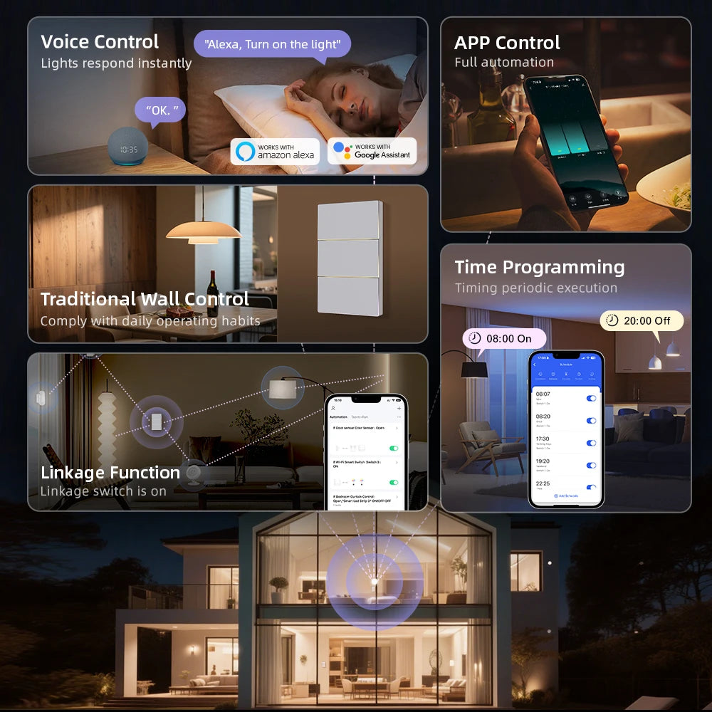 AVATTO Tuya WiFi Smart Light Switch US Standard 1/2/3/4 Gang Push Button Switch With Ambient Light Work for Alexa Google Home
