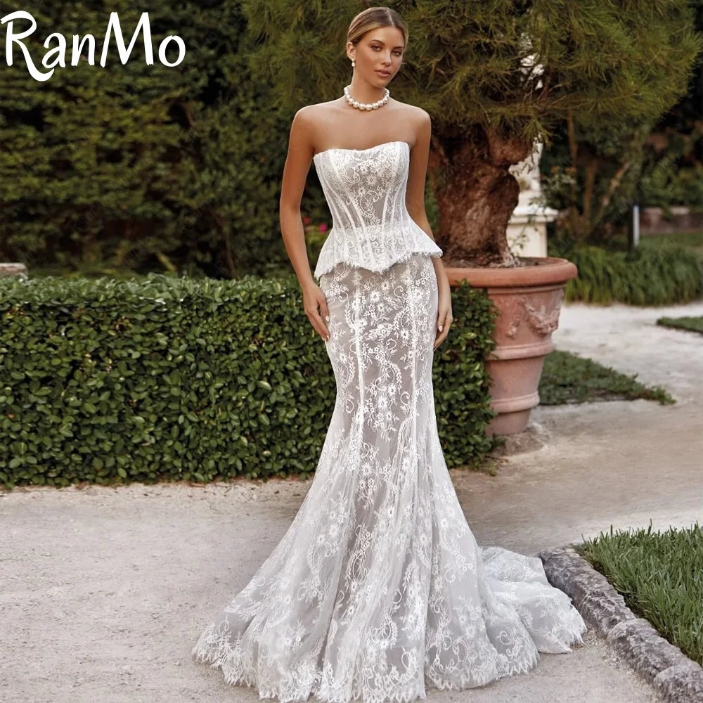 Ranmo Customized Lace ivory white Ball Gown Royal Wedding Dresses Sweetheart applique decal fish tail Made Robe De Court Train