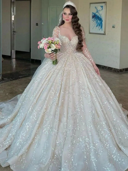 Haute Couture Romantic white The Bride Dress With Long Sleeve Lace Beading Sequin V-Neck Floor-Length Bespoke Wedding Dress