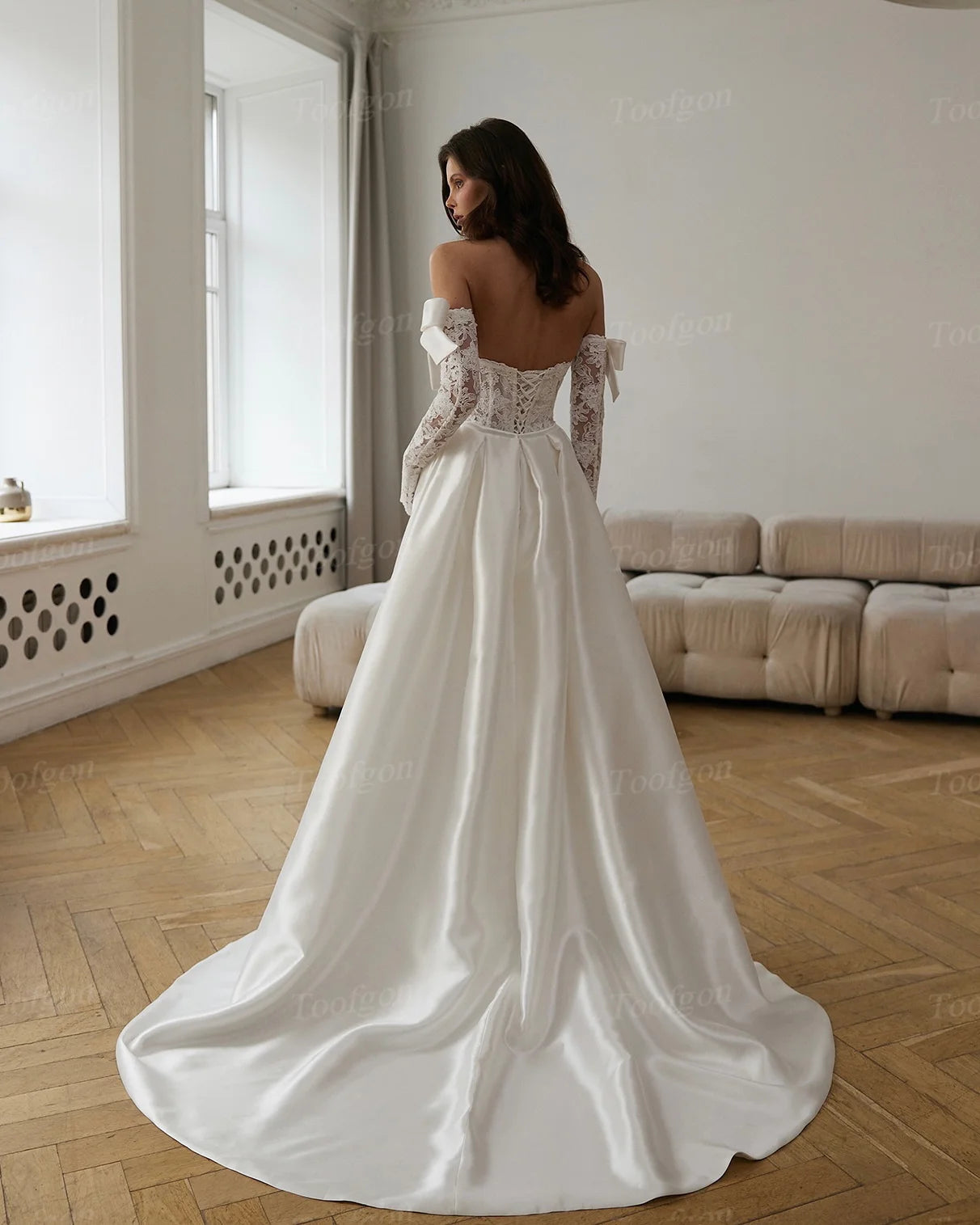 Toofgon Mermaid Satin Lace Customized Wedding Dresses Long Sleeves Corset Back Women Formal Bridal Gowns 2025 Formal Party Dress