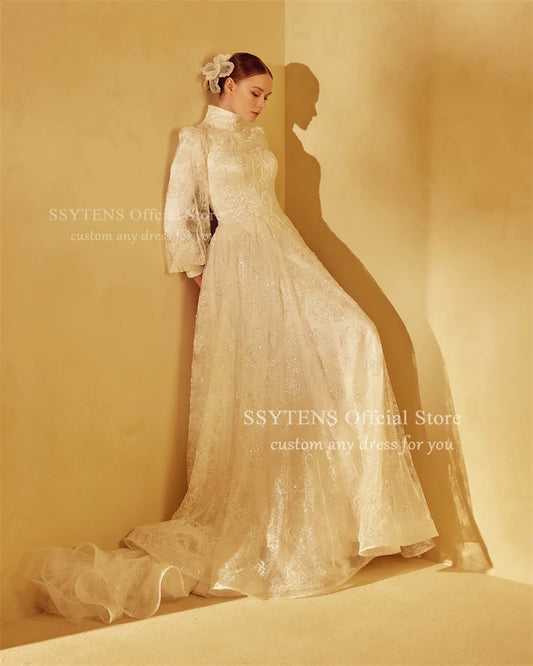 SSYTENS Glitter Sequined Full Lace Wedding Dresses High Neck Bride Dresses Women Long Bridal Gowns vestidos de novia Customized