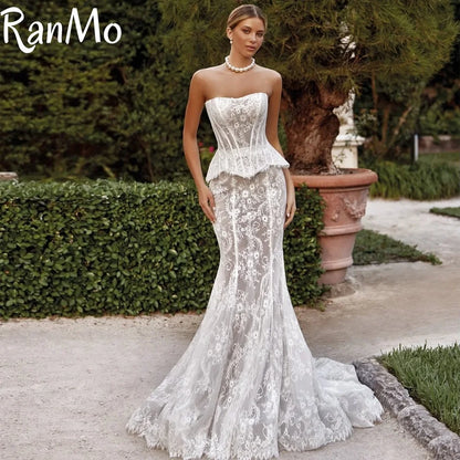 Ranmo Customized Lace ivory white Ball Gown Royal Wedding Dresses Sweetheart applique decal fish tail Made Robe De Court Train