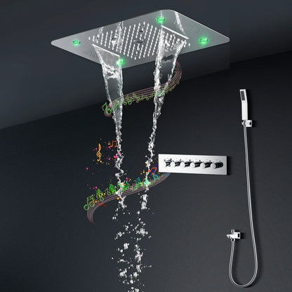 Luxury 580*380mm Ceiling Rain Waterfall Mist Led Shower Set 5 Function Thermostatic Music Shower Mixer