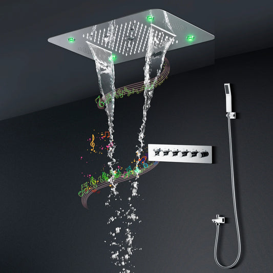 Luxury 580*380mm Ceiling Rain Waterfall Mist Led Shower Set 5 Function Thermostatic Music Shower Mixer