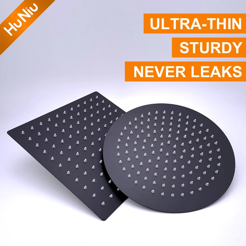 HuNiu Rainfall Shower Head 8/10/12inch 304 Stainless Steel Ultrathin Top Sprayer Shower Heads for Bathroom Black Top shower head
