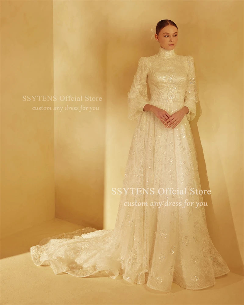 SSYTENS Glitter Sequined Full Lace Wedding Dresses High Neck Bride Dresses Women Long Bridal Gowns vestidos de novia Customized