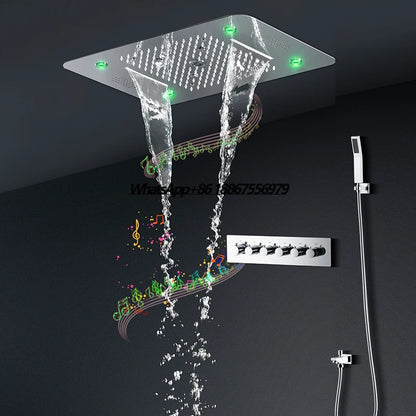 Luxury 580*380mm Ceiling Rain Waterfall Mist Led Shower Set 5 Function Thermostatic Music Shower Mixer