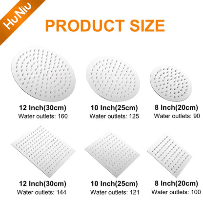 HuNiu Rainfall Shower Head 8/10/12inch 304 Stainless Steel Ultrathin Top Sprayer Shower Heads for Bathroom Black Top shower head